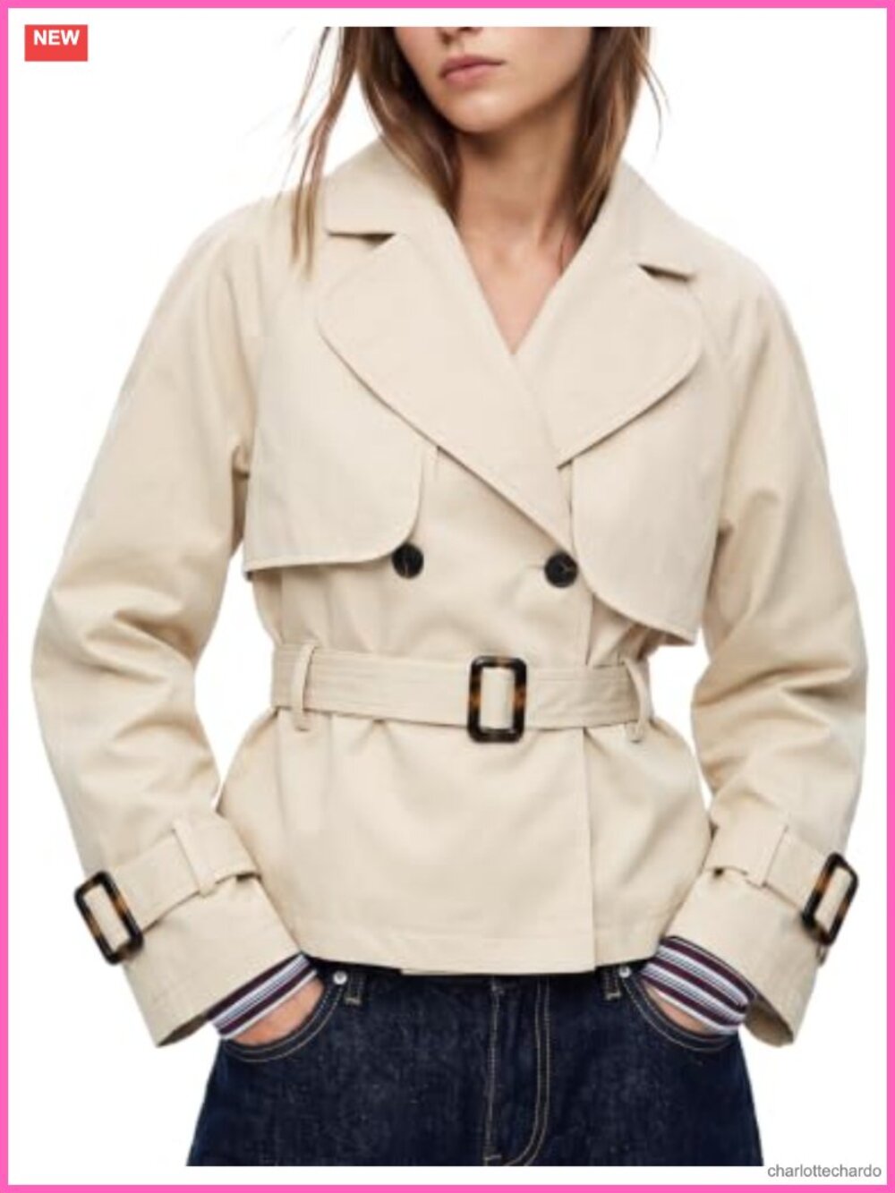 Women Cropped Trench Coat Double Breasted Jacket with Removable Belt